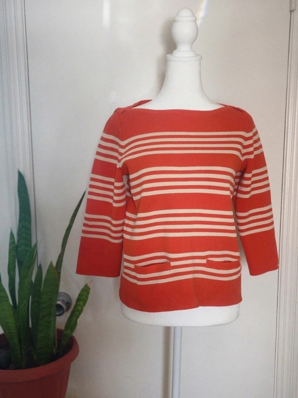 J. Crew Orange and Cream Striped Boatneck Sweater